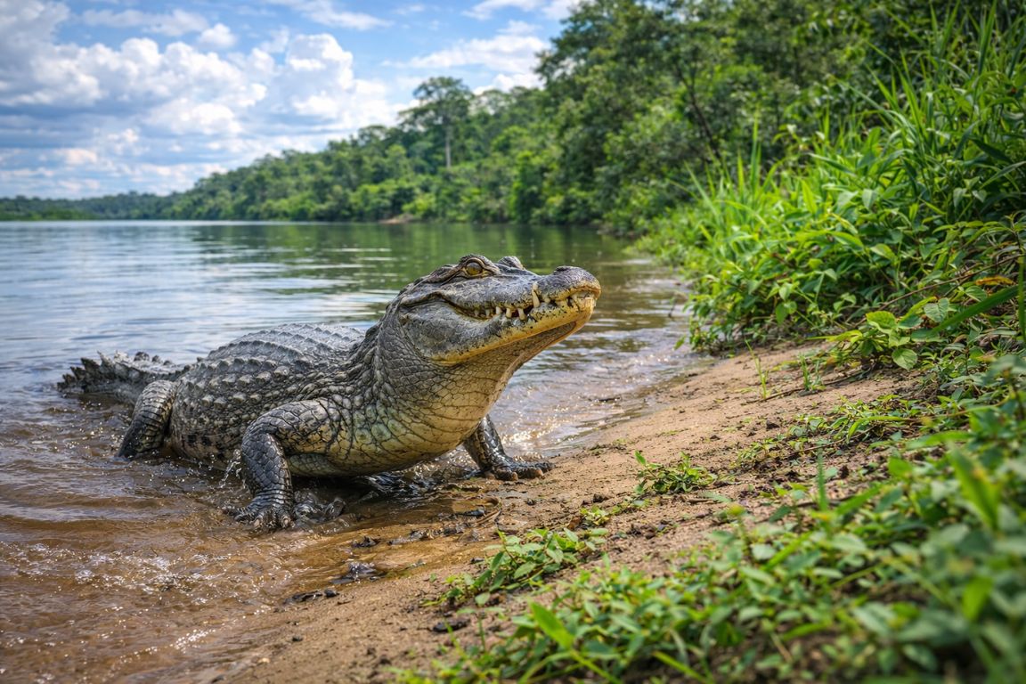 Caiman emerging from the Amazon River onto the rainforest riverbank