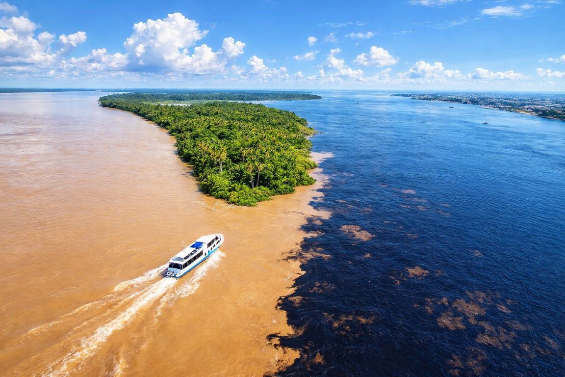 Boat cruising along the Rio Solimões near the Meeting of Waters in the Amazon, captured during an Amazon Brazil Tours River expedition